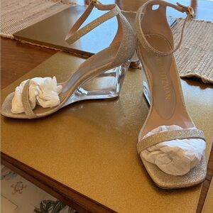 Stuart Weitzman Glitter Ankle-Strap Wedge Sandals in Gold